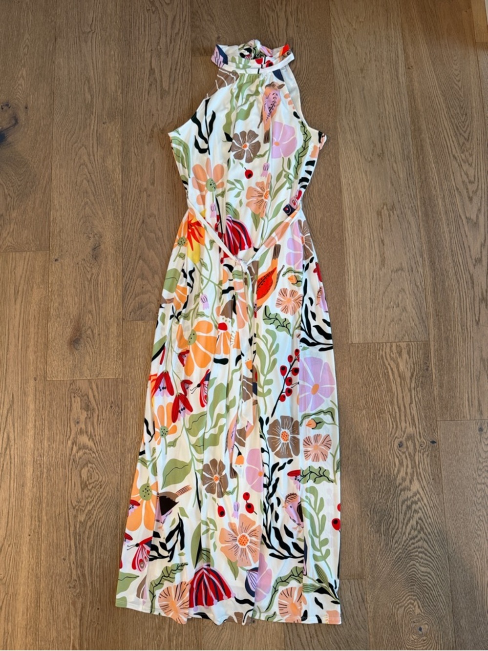 Floral Halter Maxi Dress in White with Multicolor Print